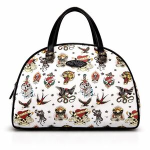 Ed Hardy Tattoo Print Insulated Lunch Tote Skull Bowler Crossbody White